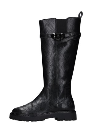 Black knee-high leather boot with thick sole, strap, and oval buckle detail near the top.