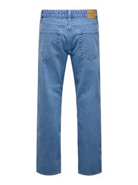 Heled sinise tooni teksapüksid, millel on mugav lõige, sirged sääred, elastne vöökoht ja kaks tagakotti. Brändi silt vööl.