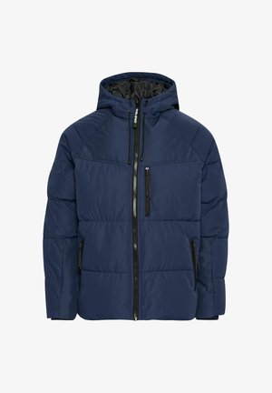 Dunkelblaues Prallmantel mit Kapuze, ausgestattet mit einem Reißverschluss vorne, elastischen Bündchen und zwei Seitentaschen mit schwarzen Reißverschlussdetails.