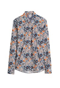 Langarmshirt met een bloemenpatroon in blauw, oranje en grijs. Voorzien van een knoopsluiting aan de voorkant en een klassiek kraagontwerp.