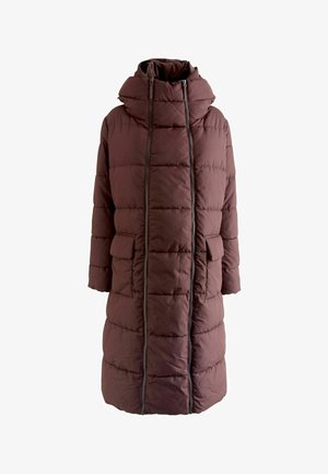 Palton lung, căptușit, de culoare brună închisă, cu un guler înalt, două buzunare frontale și un fermoar pe toată lungimea. Texturează cu panouri cusute orizontal.