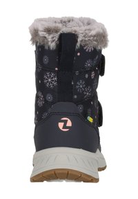 Kinderwinterstiefel in Dunkelblau, mit einem Kunstfellkragen, rosa Schneeflockenmuster und einer gummierten Sohle mit Profil. Klettverschluss.