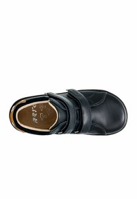 Scarpa in pelle nera con due cinturini in Velcro regolabili, punta tonda, soletta testurizzata e fodera interna beige chiaro. Presenta il logo sulla soletta.
