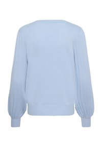 Hele sinine kampsun soonikkoes õhuliste varrukatega, ümmarguse kaelusega ja pehme kudumi tekstuuriga. Lihtne disain lõdva siluetiga.