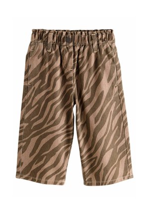 Khaki-Shorts mit einem Zebradruckmuster, elastischem Bund und seitlichen Taschen. Hergestellt aus strapazierfähigem Stoff mit einer weichen Textur.