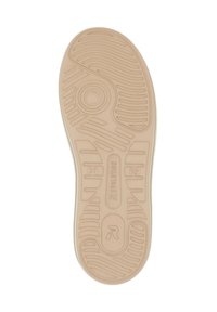 Semelle d'une chaussure, en matériau en caoutchouc beige, avec un motif texturé, des rainures et des accents circulaires pour l'adhérence. Taille 37 indiquée.