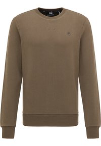 Brown crewneck sweatshirt made of soft fabric. Features long sleeves, ribbed cuffs, and a small logo accent on the chest.