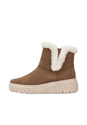 Brown suede ankle boots with a plush white faux fur lining. Thick rubber sole with a ribbed texture and logo on the side.