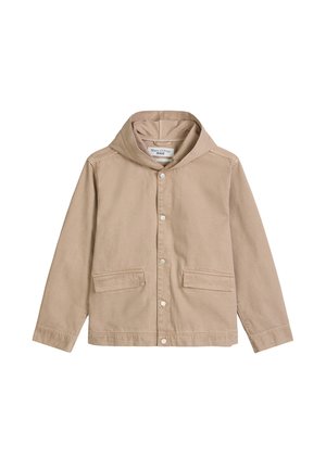 Beige Kapuzenjacke mit vorderen Druckknöpfen und zwei vorderen Klappentaschen, langen Ärmeln und einfachen Nahtdetails.