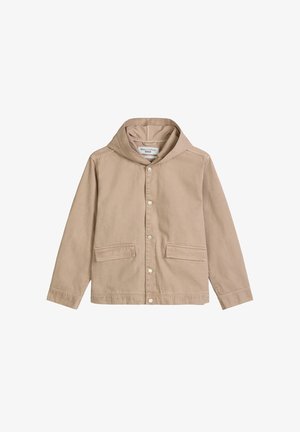 Beige Kapuzenjacke mit vorderen Druckknöpfen und zwei vorderen Klappentaschen, langen Ärmeln und einfachen Nahtdetails.