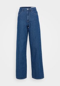 Jeansy z wysokim stanem i szerokimi nogawkami w średnio niebieskim denimi. Posiadają przednie kieszenie, zapięcie na guzik oraz przeszycia. Gładka tekstura, czysty design.