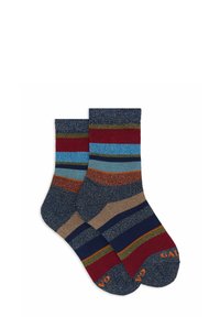 Calze a righe con tonalità blu, rosse, verdi e marroni con fili metallici. Materiale morbido, lunghezza a metà polpaccio, con punta solida e logo.