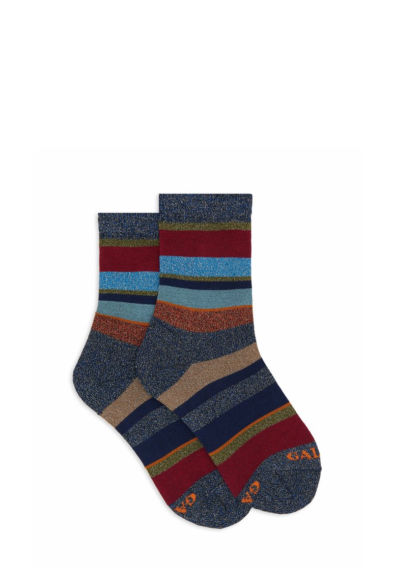 Calze a righe con tonalità blu, rosse, verdi e marroni con fili metallici. Materiale morbido, lunghezza a metà polpaccio, con punta solida e logo.