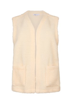 Mouwloze crèmekleurige sherpa fleece bodywarmer met open voorkant en twee opgestikte zakken aan de voorkant.