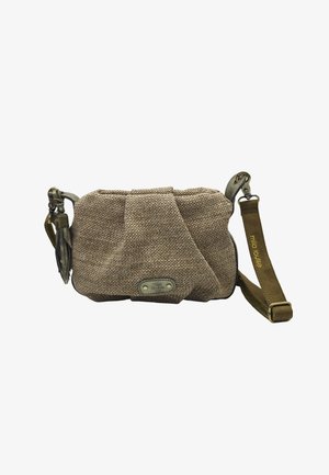 Petit sac bandoulière marron clair texturé avec sangle ajustable, accents en cuir, détail pompon et étiquette de marque en métal à l'avant.