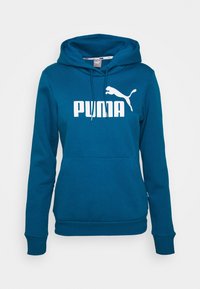 Tyrkysová mikina s kapucí se bílým logem "PUMA" na přední straně, klokaní kapsou, stahovací kapucí a pružnými manžetami a lemem.