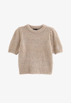 Beiger Kurzarm-Pullover mit weicher, flauschiger Textur, rundem Halsausschnitt und lockerem Schnitt. Keine sichtbaren Muster oder Hardware-Details.