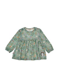 Hellgrünes langärmliges Kleid mit gerafftem Bund, das ein Blumendesign und eine Igel-Applikation auf der unteren rechten Seite aufweist.