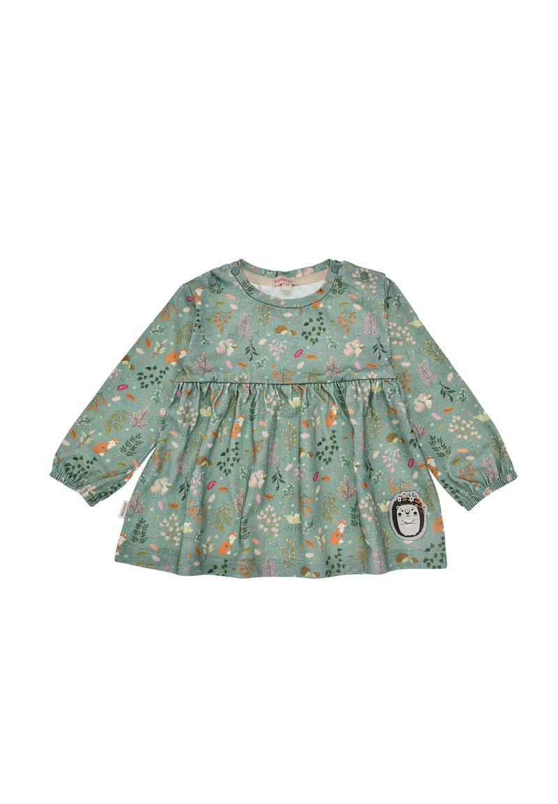 Hellgrünes langärmliges Kleid mit gerafftem Bund, das ein Blumendesign und eine Igel-Applikation auf der unteren rechten Seite aufweist.