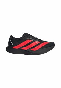 Black running shoe with red checkerboard stripe pattern, mesh upper, lace-up design, and a durable black rubber outsole. Lightstrike Pro technology.