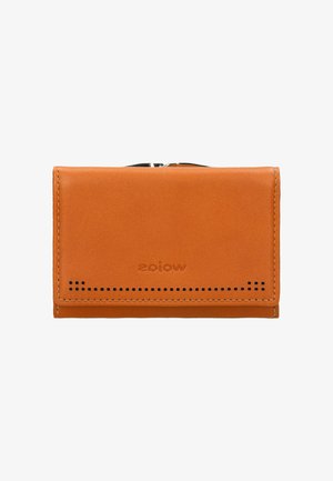 Orange leather wallet with a smooth texture, rectangular shape, tonal stitching, and a row of small black dots along the bottom edge.