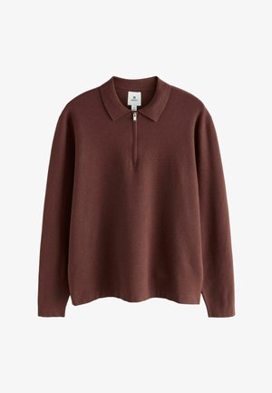 Brauner Pullover mit Polo-Kragen, halblangem Reißverschluss auf der Vorderseite und langen Ärmeln. Weicher, strukturierter Stoff mit lockerer Passform.