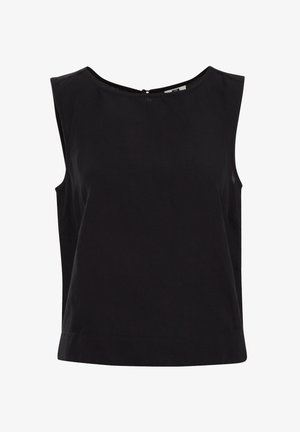 Melnas bezpaliktņu topiņš no kokvilnas ar apaļu kakla izgriezumu, kam aizmugurē ir neliela pogu aizdare. Vienkāršs, tīrs dizains.