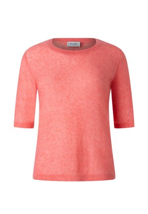 Koralowy różowy krótki sweter z dzianiny z krótkim rękawem, okrągłym dekoltem i miękką, puszystą fakturą marki Maerz.