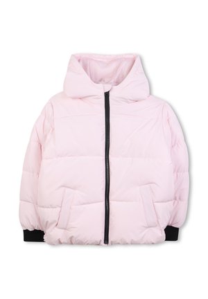 Rosa boblejakke med hette, med en svart glidelås, to frontlommer og elastiske mansjetter. Glatt tekstur og quiltet design.