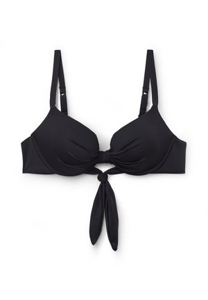 Schwarzes Bikinioberteil mit verstellbaren Schulterriemen und einem Knoten zum Binden vorne in der Mitte, mit leicht gerafften Cups zur Formgebung.