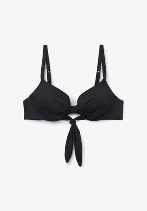 Schwarzes Bikinioberteil mit verstellbaren Schulterriemen und einem Knoten zum Binden vorne in der Mitte, mit leicht gerafften Cups zur Formgebung.