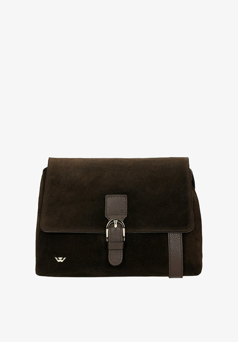 Borsa a tracolla in camoscio marrone con cinturino in pelle, dotata di chiusura con fibbia metallica e un piccolo emblema con logo nell'angolo inferiore.