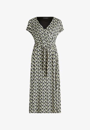 Maxi wrap ruha V-nyakkivágással, rövid ujjakkal és megkötős övvel. Könnyű anyagból készült, zöld és fekete levél mintával.