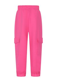 Pantaloni cargo rosa con vita elasticizzata, tasche laterali e polsini elasticizzati. Realizzati in tessuto morbido per comfort e flessibilità.