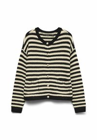 Gestreepte cardigan in zwart en roomkleur, met een V-hals, knoopsluiting, twee voorkwasten en een textuur gebreide stof.