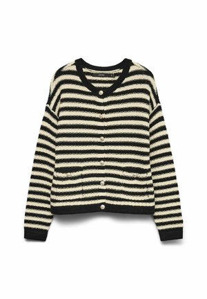 Cardigan rayé noir et crème, avec un col en V, fermeture par boutons, deux poches avant et un tissu tricoté texturé.