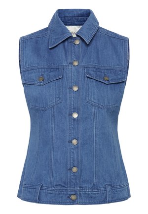 Zilā bezroku džinsa veste ar smailu apkakli, metāla pogu aizdari priekšpusē un divām pogām aiztaisāmām krūšu kabatām.