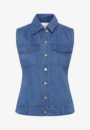 Zilā bezroku džinsa veste ar smailu apkakli, metāla pogu aizdari priekšpusē un divām pogām aiztaisāmām krūšu kabatām.