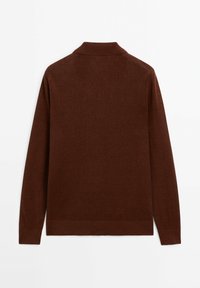 Pullover marrone a maniche lunghe con colletto, realizzato in tessuto morbido, con una superficie liscia e polsini e orlo a costine.