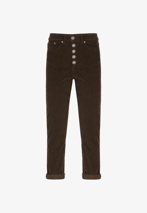 Pantaloni in velluto a coste marroni con vestibilità dritta, dotati di vita alta, cinque bottoni decorativi e risvolti sui fondi.