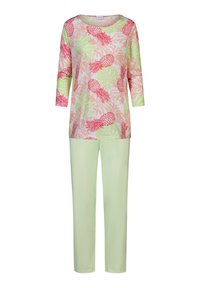 Lightweight two-piece outfit featuring a long-sleeve top with pink pineapple and leaf print, paired with solid light green pants.