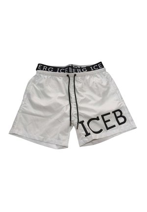 Costume da bagno bianco con fascia nera in vita e coulisse, con grande testo nero "ICEB" sulla gamba sinistra.