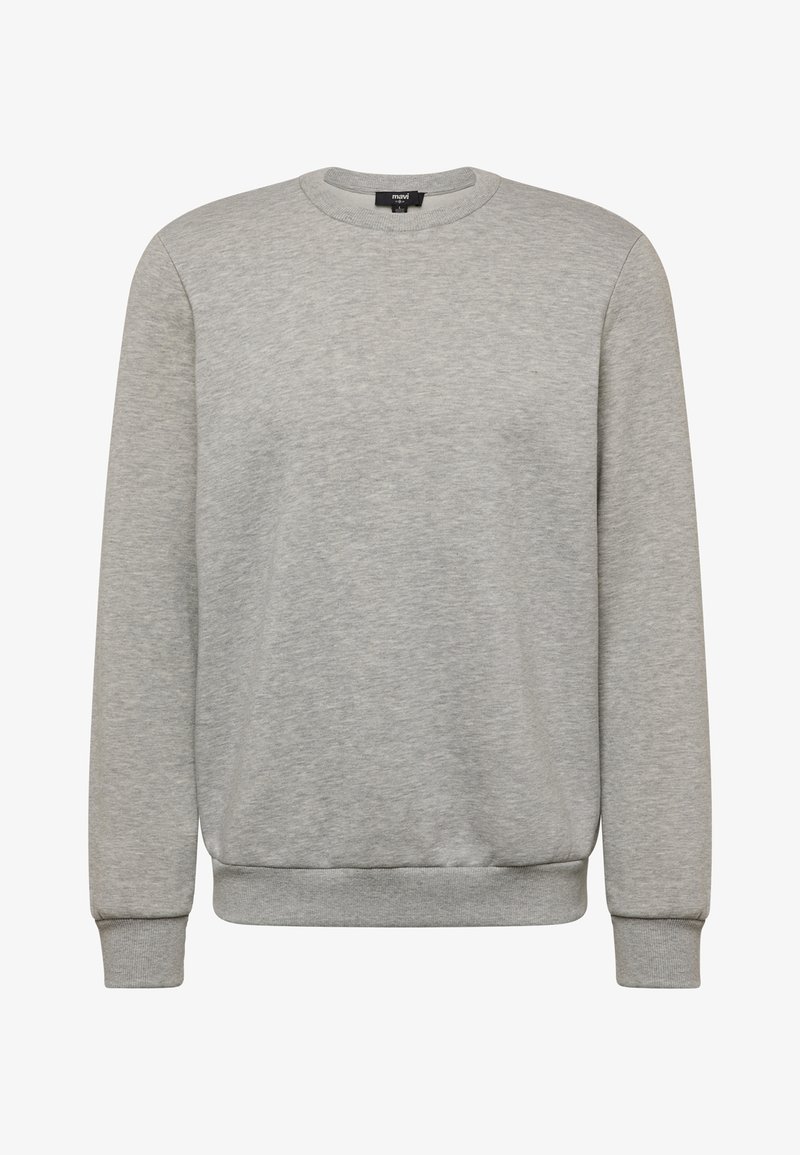 Sweat-shirt uni gris clair à col rond, manches longues, poignets et ceinture côtelés, confectionné en tissu doux.