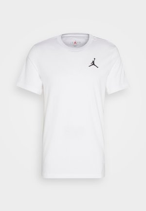 Weißes Baumwoll-T-Shirt mit schwarzem Jordan-Logo auf der linken Brustseite, Rundhalsausschnitt, kurzen Ärmeln und glatter Textur.