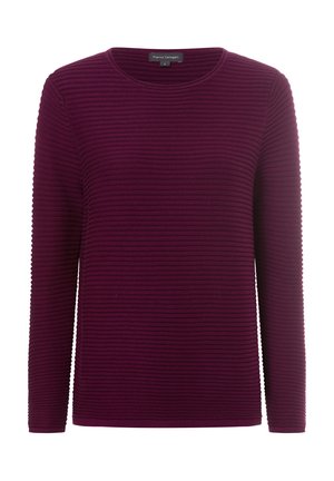 Lila gerippter Pullover mit langen Ärmeln und Rundhalsausschnitt. Der Stoff hat ein strukturiertes Muster, das ein dezentes, geschichtetes Aussehen verleiht.