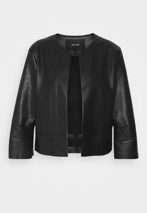 Black leather jacket with a cropped design, round neckline, and no closures. Features smooth texture and seamless shoulders.