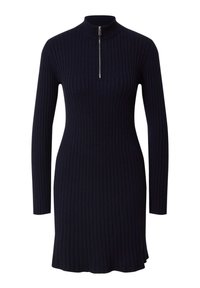 Dunkelblaues Rippstrick-Kleid mit hohem Kragen und kurzem Reißverschluss. Lange Ärmel und ein ausgestellter Saum am Boden runden das Design ab.