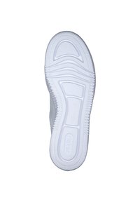 White rubber shoe sole with textured surface, grooves for traction, and logo detail. Slightly raised edges and smooth finish.