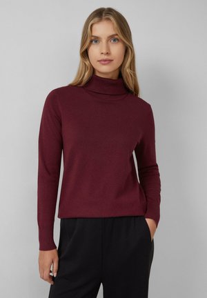 Pull à col roulé bordeaux, fabriqué en matériau doux, avec des manches longues et un design ajusté, associé à un pantalon noir.