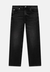 Black denim jeans with a straight leg design, five-pocket style, and a metal button closure. Features a smooth texture and minimal fading.